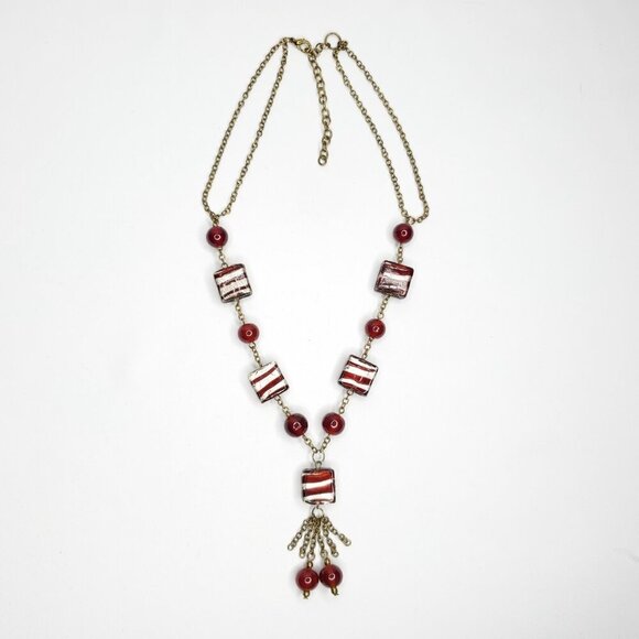Vintage Red Silver Glass Beaded Tassel Y Necklace Station Hand Made Beads - Picture 4 of 4